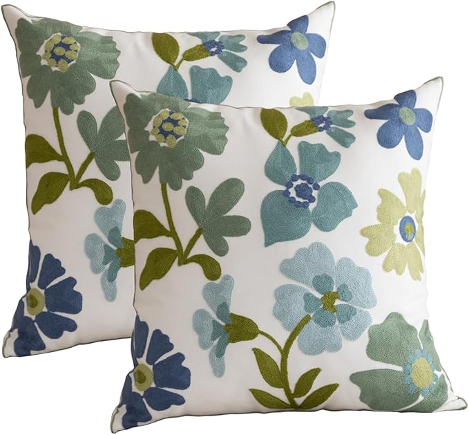 YIcabinet Pack of 2 Throw Pillow Covers,Flower Embroidery Pillow Case Soft Square Decorative Pillowcases for Home Sofa Couch 18x18 Inch