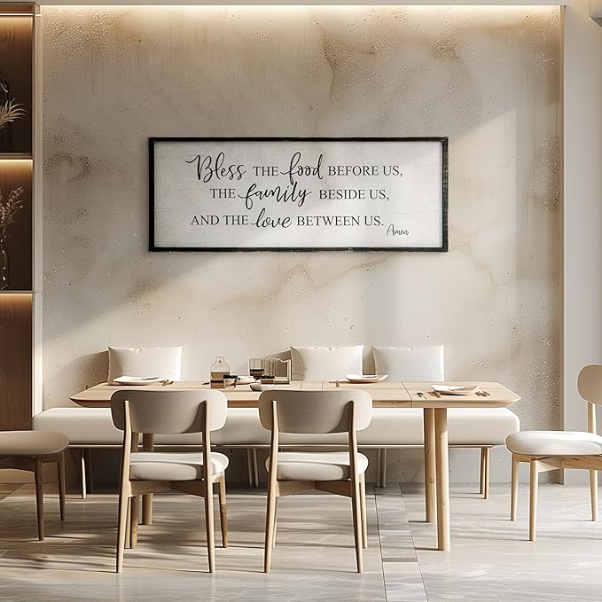 Bless The Food Before Us Home Decor Wall Sign For Family Kitchen Farmhouse Dining Room Vintage Rustic Retro Boho Wood House Wall Art Decoration For Living Room Bedroom 40 x 15 Inch black