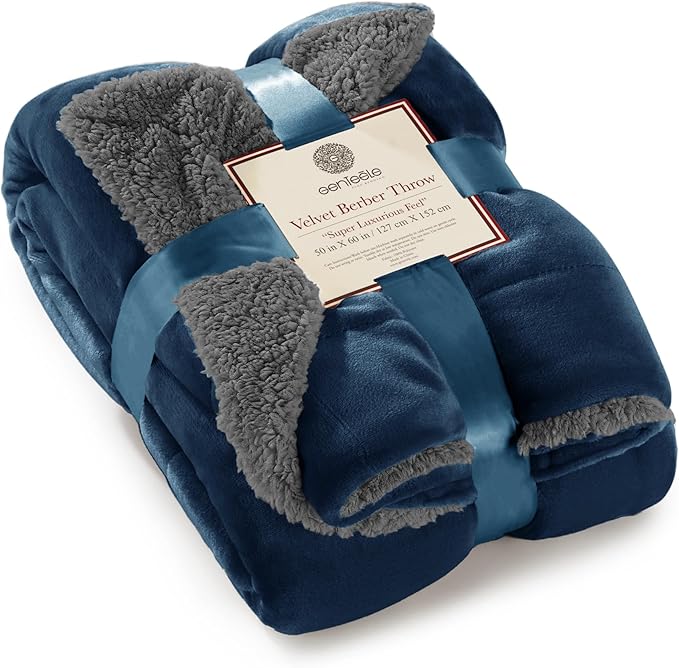 Genteele Sherpa Throw Blanket Super Soft Reversible Ultra Luxurious Plush Blanket, 50 x 60 inches, Navy/Gray