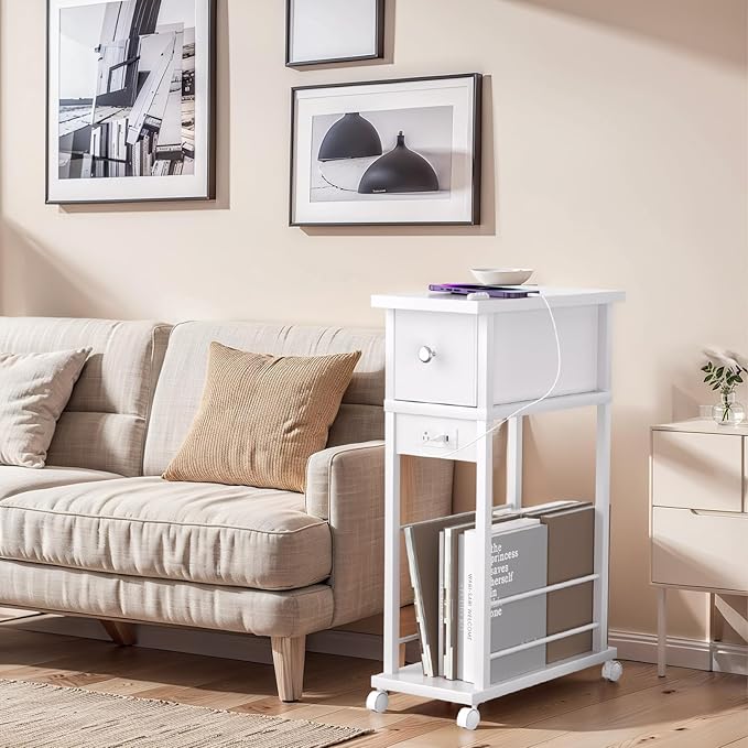 White Side Table Set of 2,Side Table with Charging Station and Drawer, Narrow End Table with USB Ports and Outlets for Small Space, Living Room, Bedroom and Office, with 4 Wheels