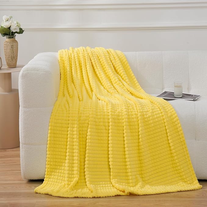 Puncuntex Yellow Throw Blanket 50"×60",Super Soft Flannel Fleece Plush Cozy Blanket with 3D Jacquard Square Grid Design Luxury for Couch Sofa Chair