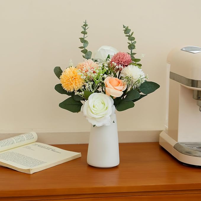 Fake Flowers in Ceramic Vase, Artificial Flowers Indoor with White Vase for Dining Table Décor, Faux Eucalyptus Flowers Arrangements for Bedroom Home Office Plants Floral Decor（Red Brown）
