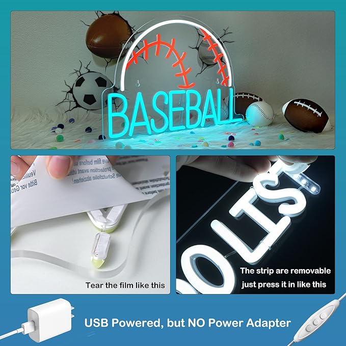 Baseball Neon Sign LED Sports Light USB Powered Used Blue Sign Up Gym Room Baseball Light for Wall Art Decor Neon Gifts for Teens in Christmas Party
