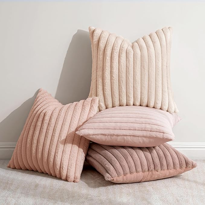MIULEE Faux Fur Plush Decorative Throw Pillow Covers 18x18 Set of 4, Valentine's Day Cute Modern Soft Romantic Fuzzy Striped Cushion Covers Girl for Sofa Couch Bed Living Room Cozy Home Decor,Pink
