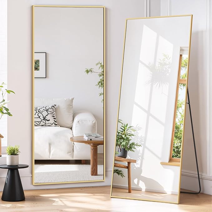 Full Length Mirror 56"x21" Full Body Mirror Rectangle Free Standing Wall Mounted Leaning Floor Mirrors with Stand Aluminum Alloy Frame for Bedroom Cloakroom, Gold