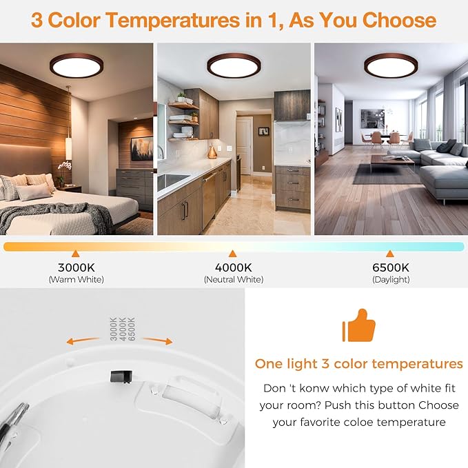 slochi LED Flush Mount Ceiling Light Fixture, 3000K-4000K-6500K & 100W Equivalent Modern Kitchen Recessed Ceiling Lamp 24W 3200Lm 12Inch Closet Round Surface for Bathroom Laundry-Oil-Rubbed Bronze