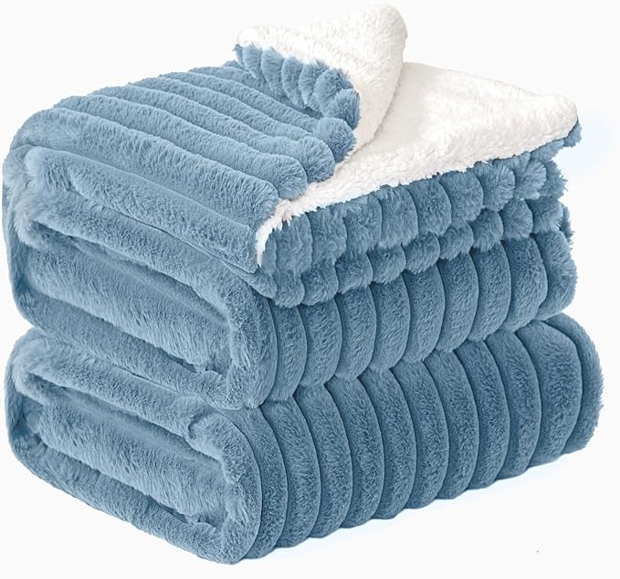INFIIXSO Sherpa Fleece King Size Blanket - Super Soft & Warm Striped Fleece, Cozy Plush Fluffy Large Bed Blanket All Season Use (Light Blue, 104x90 Inches)