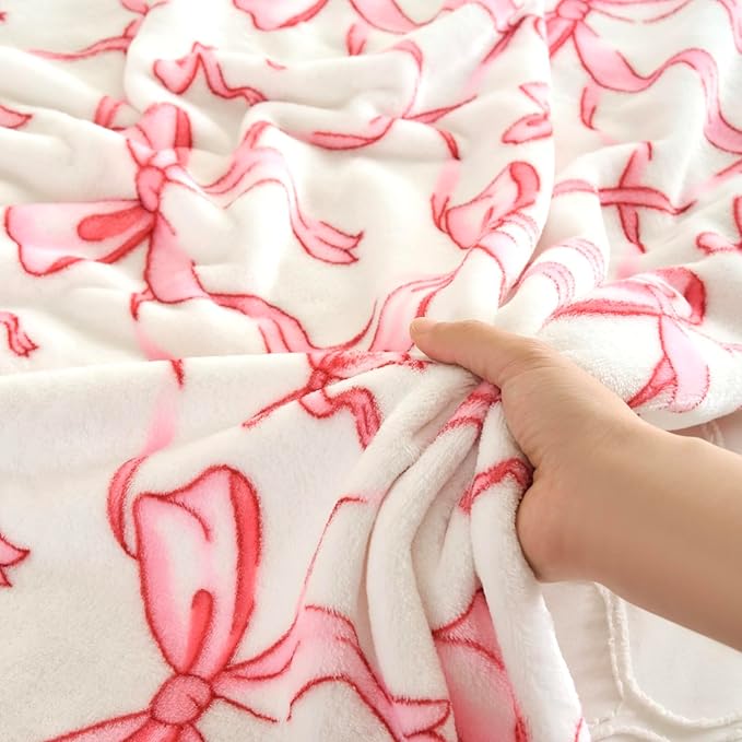 Pink Bow Twin Blanket – 60x80 Inch Soft Fleece Blanket for Girls and Women, Coquette Aesthetic Room Decor for Bed, Couch, Chair, Preppy Bedroom or Gift, Cute Pink Bow Decor Blanket