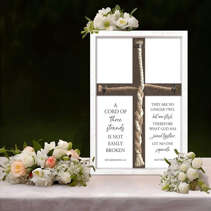 YWJKWLGS A Cord of Three Strands Wedding Ceremony Sign 15x10 Inch Anniversary Unity Knot Cross Christian Marriage Prayer Art Ideas Braid Rope Wall Decor for Couple Religious Wood Framed (White)