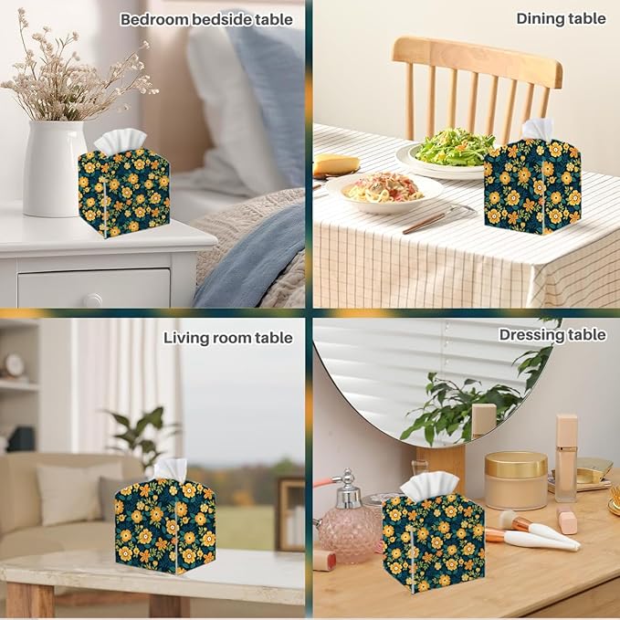 Tissue Box Cover, Tissue Box Holder, Square with Belt Bottom, PU Leather Decorative Organizer for Desk, Tabletop, Countertop Bathroom, Toilet Car, Office, Dresser, Aesthetic Yellow Flower Decor