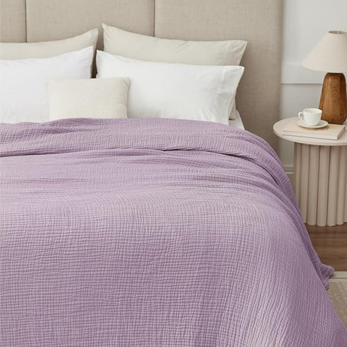 100% Cotton Muslin Blanket Twin XL 66" x 90", Breathable and Cooling Bed Blankets, Soft Boho Coverlet Bedspread, Gauze Bedding for Adults All Season, Purple, Lavender