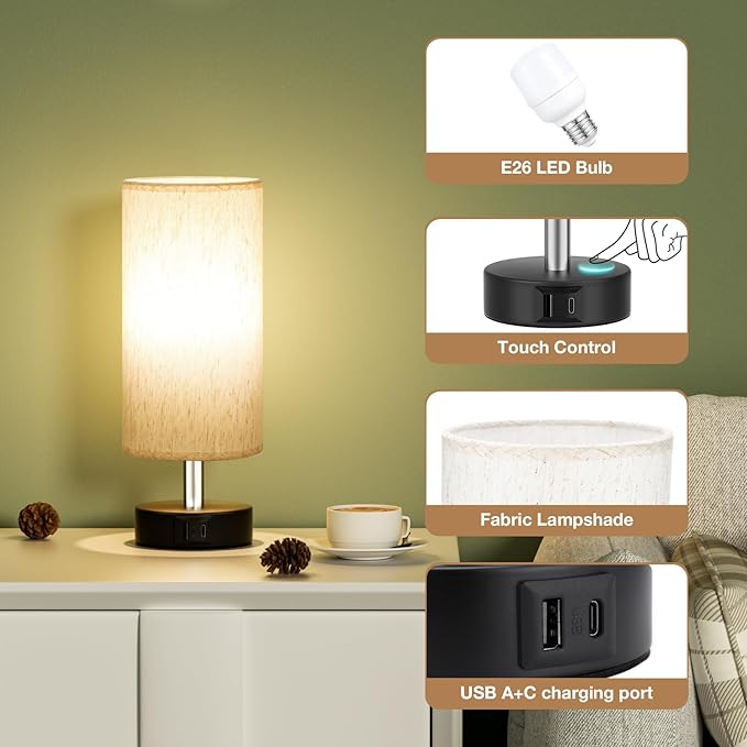 Small Touch Lamps Set of 2 - Table Lamps for Nightstand, Minimalist Bedside Lamps for Bedroom with 3000K Dimmable Bulbs