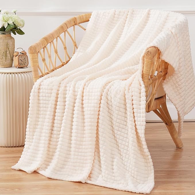 Puncuntex Flannel Fleece Throw Blanket Cream White 50"×60",Super Soft Plush Cozy Blanket with 3D Jacquard Square Grid Design Luxury for Couch Sofa Chair