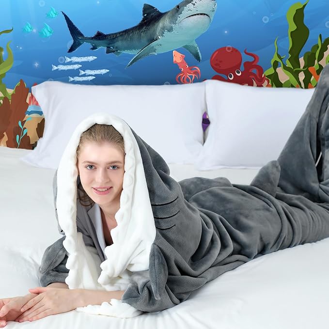Touchat Shark Blanket for Adult Super Soft Cozy Flannel Throw Wearable Blanket, Cartoon Animals Shark Onesie Hoodie, Sleeping Bag Cosplay Shark Costume Blanket Gifts for Shark Lovers (Grey, M)