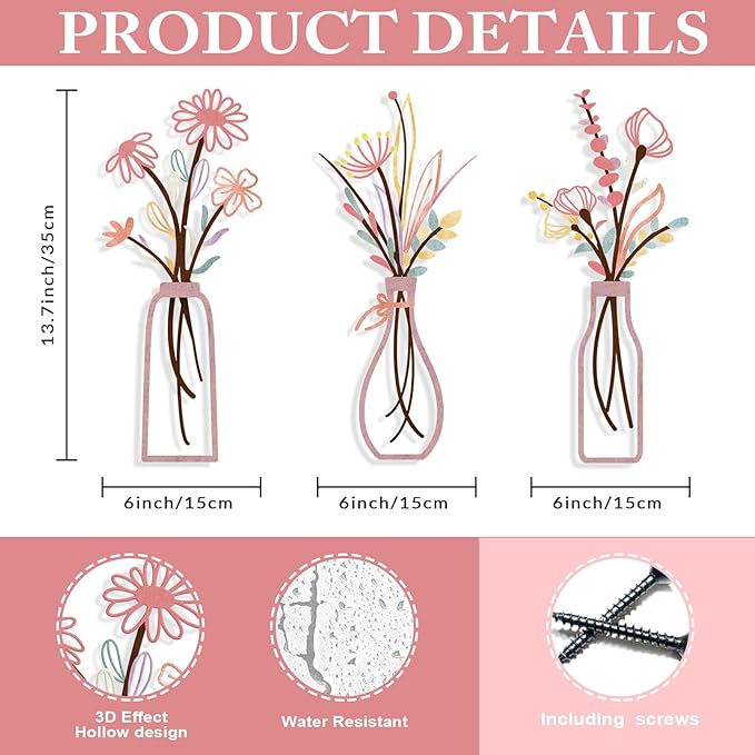3 Pieces Metal Flowers Wall Arts - Rustic Farmhouse Style Décor Metal Wall Art Black Minimalist Flower Natural Themed Wall Decors for Home Bedroom Dining Room Housewarming (Pinkish)