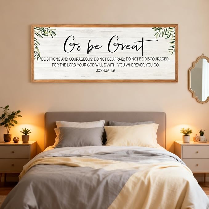 Go Be Great Wall Decor: 40x15 Inch Large Framed Bible Verse Wall Art, Joshua 1:9 Scripture Sign, Christian Wall Decor for Bedroom Living Room, Black Wooden Frame, Natural