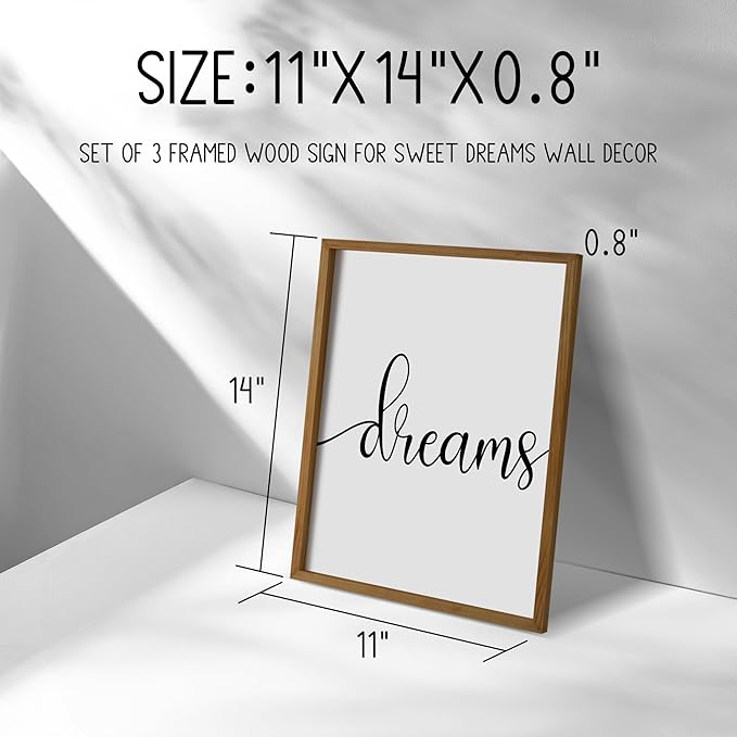 Ronasip Sweet Dreams Wall Decor for Bedroom Set of 3 Framed Wall Art for Farmhouse Rustic Home Master Bedroom Decor (11”x14”, Brown)