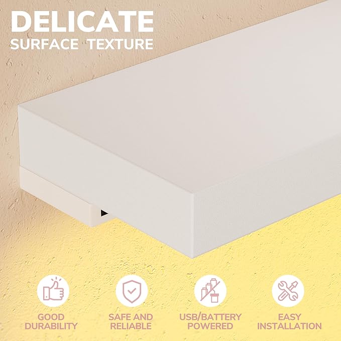BAMEOS Floating Shelves with RGB LED, 31" Wooden Wall Shelves with Invisible Brackets, Set of 2, Wall Mounted Display Shelves Decoration for Bedroom, Bathroom, Living Room, Kitchen (White)