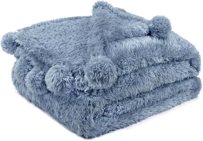 PAVILIA Blue Sherpa Throw Blanket for Couch, Warm Plush Pom Pom Blanket Throw, Dusty Blue Fuzzy Sofa Throw, Lightweight Soft Cozy Fluffy Blanket with Pom Poms, Light Blue, 50x60