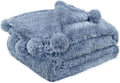 Pavilia Blue Sherpa Throw Blanket for Couch, Warm Plush Fuzzy Blanket Throw with Pom Poms, Dusty Blue, 60x80