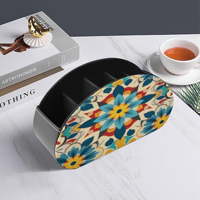Colorful Arabic Editable File Yellow Remote Control Holder Organizer Box with 5 Compartment PU Leather Bedside Storage Caddy Remote Organizer for Controller Media Player Pen/Pencil Storage