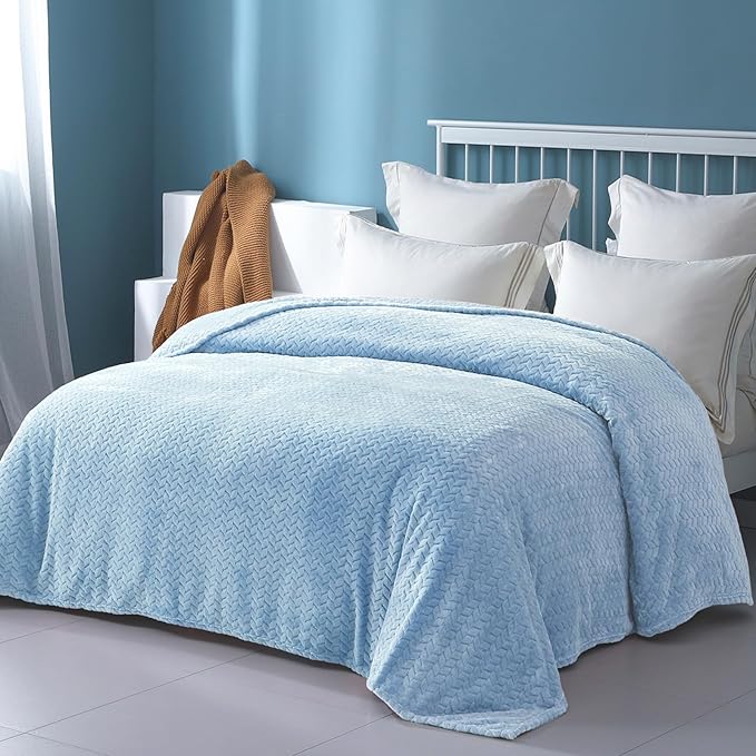 Exclusivo Mezcla Fleece Twin Size Blanket for Bed, 60x80 Inches Soft Cozy Jacquard Flannel Blankets, Lightweight Fuzzy Plush Warm for Women, Light Blue