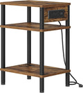 Side Table with Charging Station, End Tables Living Room, 21.7 Inch Skinny Night Stand with Storage, Small Bedside Tables for Bedroom, Office, Dorm, Hallway, Rustic Brown