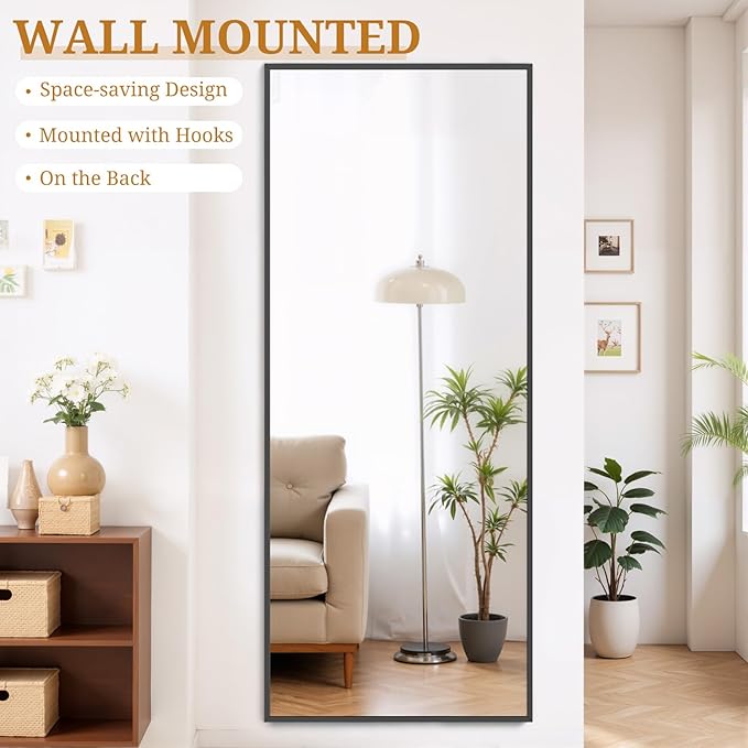 Full Length Mirror 71"x26" Full Body Mirror Rectangle Free Standing Wall Mounted Leaning Floor Mirrors with Stand Aluminum Alloy Frame for Bedroom Cloakroom, Black