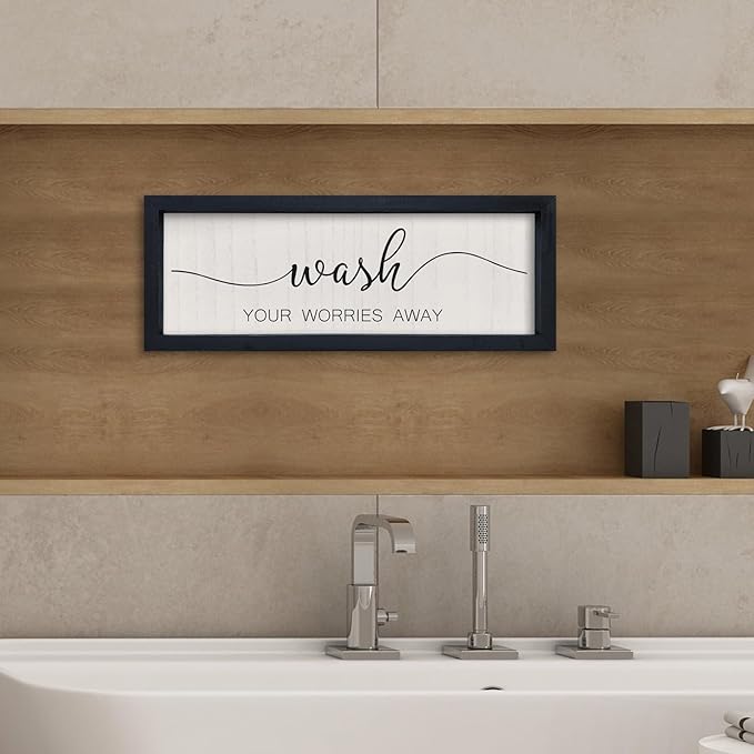 comurdyo Funny Laundry Room Plaque Wash Your Worries Away Bathroom Sign Wall Decor Inspirational Quote 16×6 Inch for above the Bathtub Restroom Small Wooden Framed Wall Hanging Art (Black)