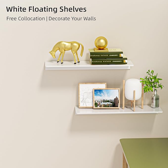 2-Piece Glossy White Metal Floating Shelves - Aluminum Alloy Wall Mounted Shelf No Drilling, Rust-Proof, 15.7" Width for Home Decor & Storage in Living Room, Bedroom, Bathroom
