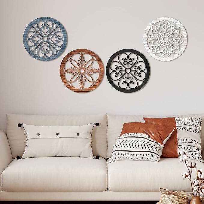 Yulejo 4 Pcs Thicken Rustic Wall Decor Farmhouse Kitchen Wall Round Art Wooden Hollow Carved Design Rustic Art for Living Room Bedroom Hallway Decor (9.8 x 9.8 Inch,Colorful)