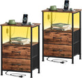 Somdot Nightstands Set of 2,End Tables with Charging Station and LED Lights,Night Stand with 2 Fabric Drawers, Bedside Table for Dorm Guest Room Bedside Kids Entryway Hallway, Wood Grain Print