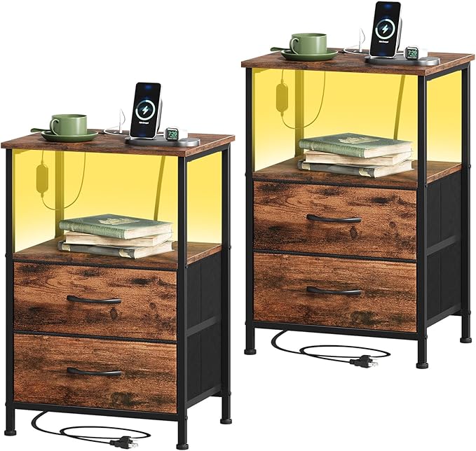 Somdot Nightstands Set of 2,End Tables with Charging Station and LED Lights,Night Stand with 2 Fabric Drawers, Bedside Table for Dorm Guest Room Bedside Kids Entryway Hallway, Wood Grain Print