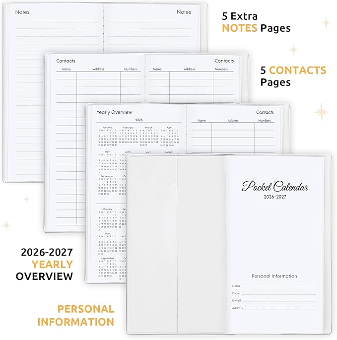 Pocket Calendar 2026-2027, Monthly Purse Planner (6.7" x 3.7") Runs from January 2026 to December 2027, Solid Black Pocket Calendar with PVC Cover for Planning, Organizing, and Office Use