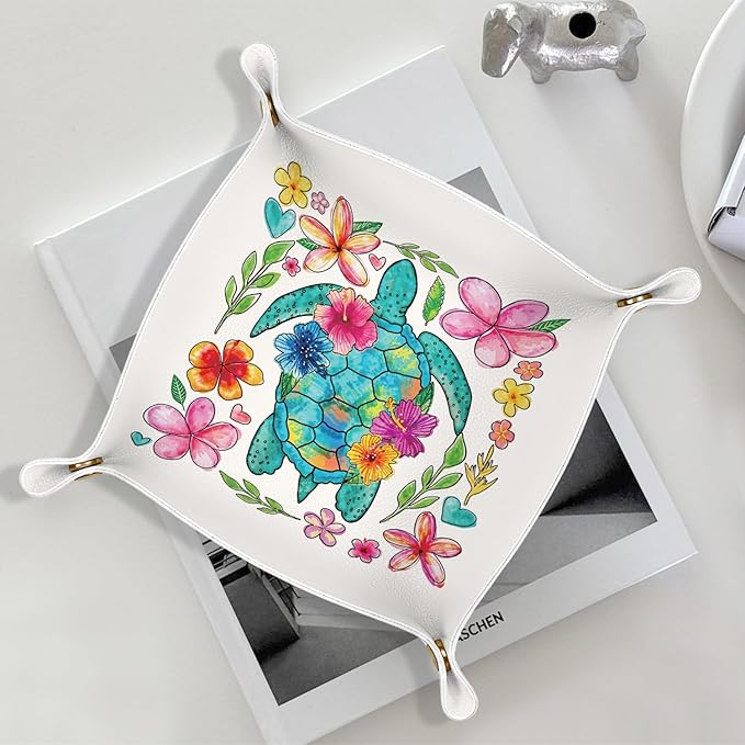 Sea Turtle Gifts Jewelry Valet Tray for Women, Coastal Sea Turtle Floral PU Leather Catchall Beside Caddy Nightstand Organizer Tray for Jewelry Rings Watches Keys and Accessories, 7.87x7.87in