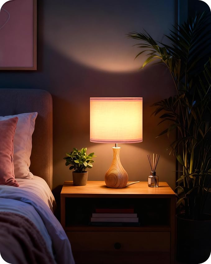 Small Table Lamp, 14.2" Cute Little Desk Lamp with Wood Bottle-Shaped Base & Pink Linen Lampshade, Bedside Lamp with Cable, E26 Base, Bulb Not Included, for Bedroom, Natural MP09TL05