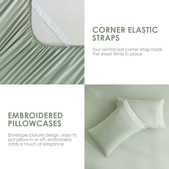 JSD Sage Green King Sheet Set with Side Pocket Corner Straps, 4 Piece Soft Microfiber Bed Sheets Extra Deep Pocket