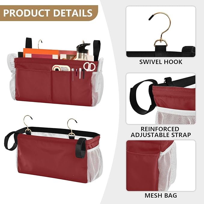 DOMIKING Wine Red Bedside Caddy for Dorm Bed Recliner Armrest Organizer with Hooks Haning Holders for Bunk Bed Headboards Rails