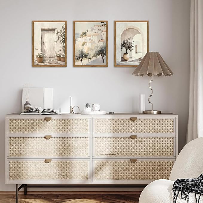 Framed Vintage Italian Wall Art Set of 3, Rustic Neutral Olive Tree Pictures Wall Decor, Mediterranean Farmhouse Landscape Paintings Canvas Prints Country Home Decor for Living Room Bedroom 16x24 inch