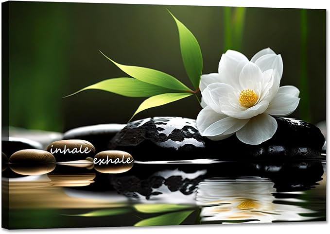 YIOZHAOFH Lotus Flower Wall Art Zen Canvas Inhale Exhale Poster Black Spas Nature Prints Pictures for Meditation Wall Decor Framed Artwork Ready to Hang (20.00" x 30.00")
