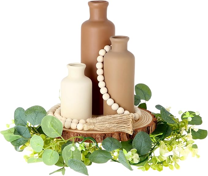 Geelin 6 Pcs Boho Rustic Table Centerpieces, 3 Modern Ceramic Vases, Wooden Slice Tray, Farmhouse Wood Beads Garland with Tassel, Artificial Vines for Dining Home Table Decor(Neutral)