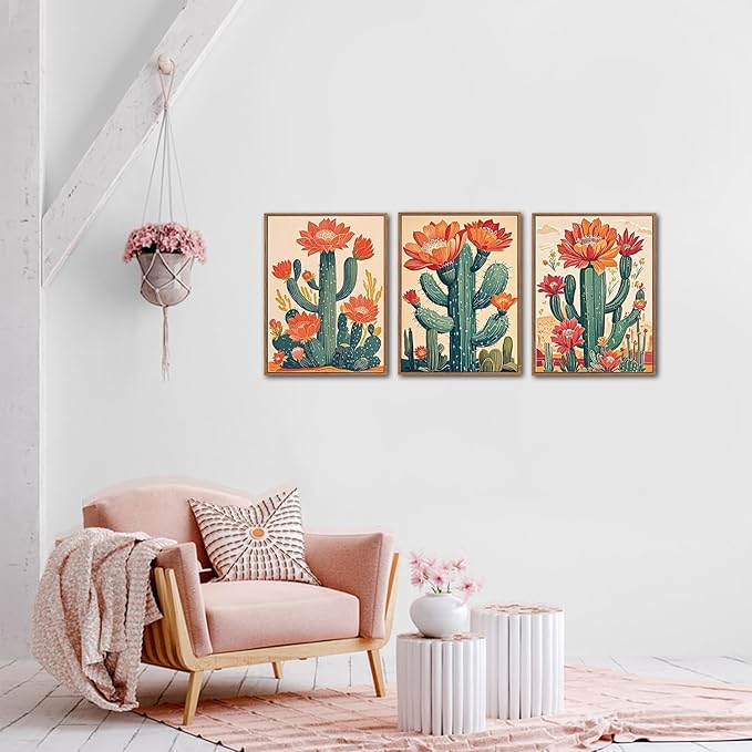 CHDITB Desert Cactus Framed Canvas Wall Art, Southwest Saguaro Wall Decor, Nature Plant Succulent Wall Painting, Tropical Botanical Flower Art Prints for Bathroom Living Room Bedroom Decor -12”x16”x3