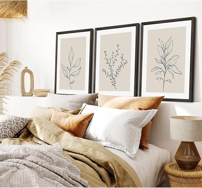 Botanical Wall Art Decor Neutral Wall Decor Boho Beige Canvas Wall Art Botanical Minimalist Pictures Neutral Prints Beige Posters Boho Artwork for Room Bedroom 16x24x3 Inch Wood Framed