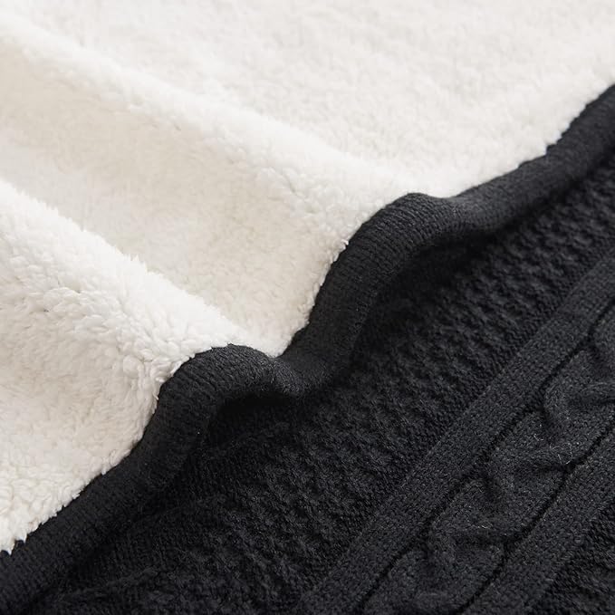 Longhui bedding Black Acrylic Cable Knit Sherpa Throw Blanket - Thick, Soft, Big, Cozy Knitted Fleece Blankets for Couch, Sofa, Bed - Large 60 x 80 Inches Coverlet All Season