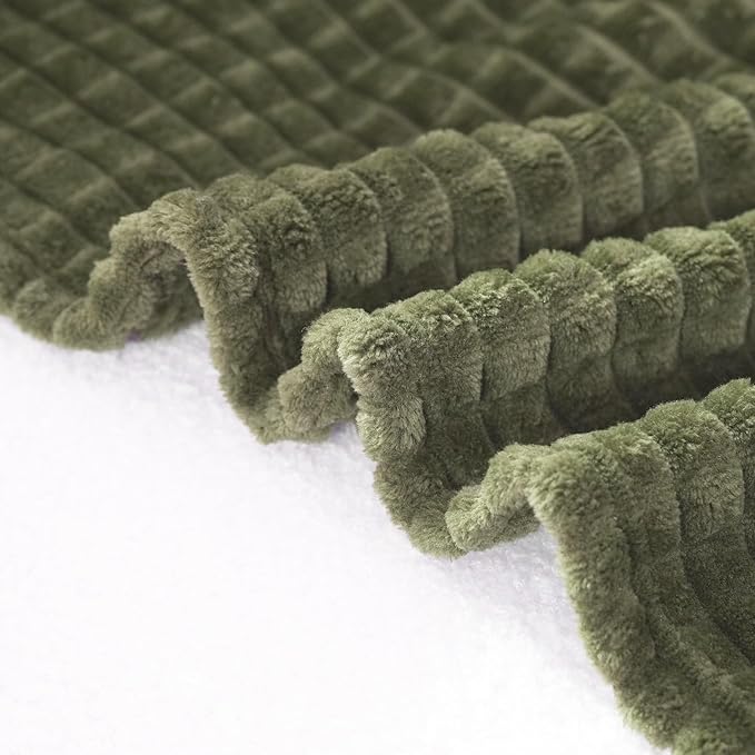 Puncuntex Flannel Fleece Throw Blanket Olive Green 90"×90",Super Soft Plush Cozy Blanket with Square Grid Design Luxury for Couch Sofa Chair
