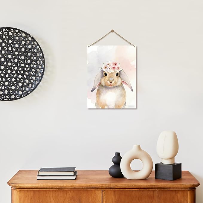Easter Bunny Sign, Spring Floral Bunny Wooden Hanging Wall Decor, Easter Gifts for Friends Family, Cute Wood Sign for Door Wall Decorations, House Wood Hanging for Garden Yard -04