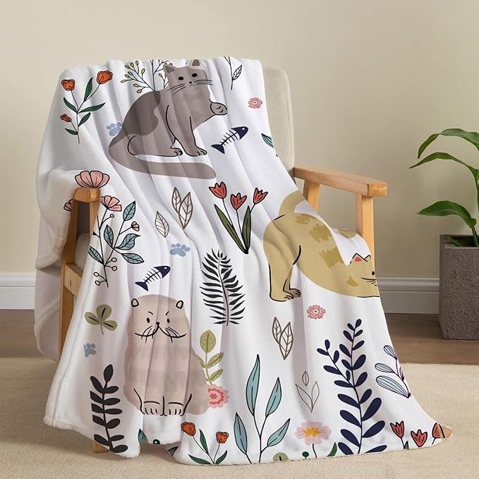 Cat Throw Blanket Floral Flower Throw Blankets Gift for Cat Lover Throw Blanket Cats Themed Flannel Cozy Fuzzy Plush Throw Blankets for Bed Chair Couch 60" X 80"