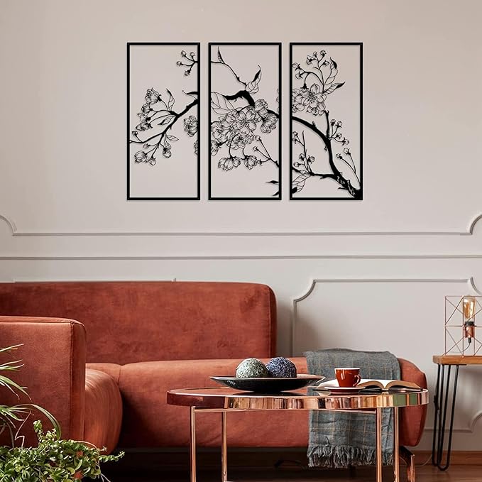 ruelen 3 Pcs Large Metal Flowers Wall Decor, Modern Minimalist Floral Line Sculpture Wall Art Hanging Wall Decor for Home Bedroom Living Room Bathroom Office Above Bed Decor (Black)