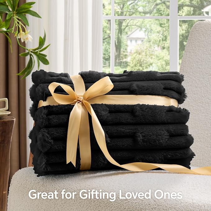 BEDELITE Faux Fur Black Throw Blanket for Couch - Super Soft & Cozy Plush Striped Blanket for Sofa and Room Decor, Luxury Fluffy All-Season Blankets Gift for Women, Men, Mom, Dad, 50x60 inch, Black