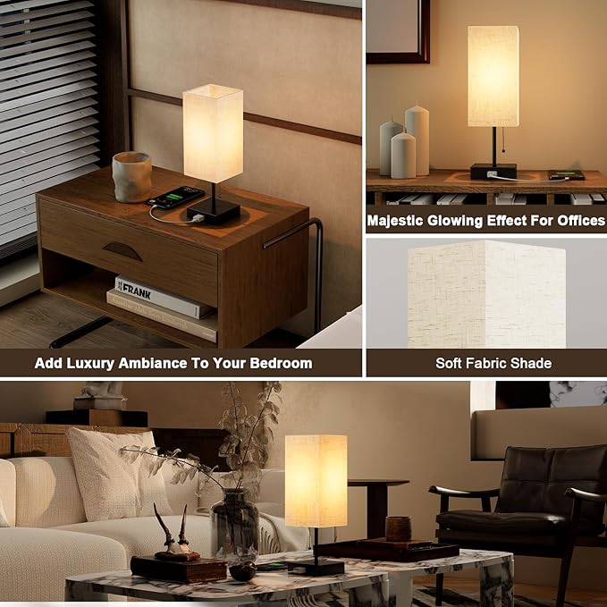 Table Lamp for Bedroom,Nightstand Lamp for Bedside with AC Outlets,Adjustable 3color LED Light Desk Lamp for Home Decor,Included Bulb and Lamp Shade (Linen White-onlyAC, 2PCS)